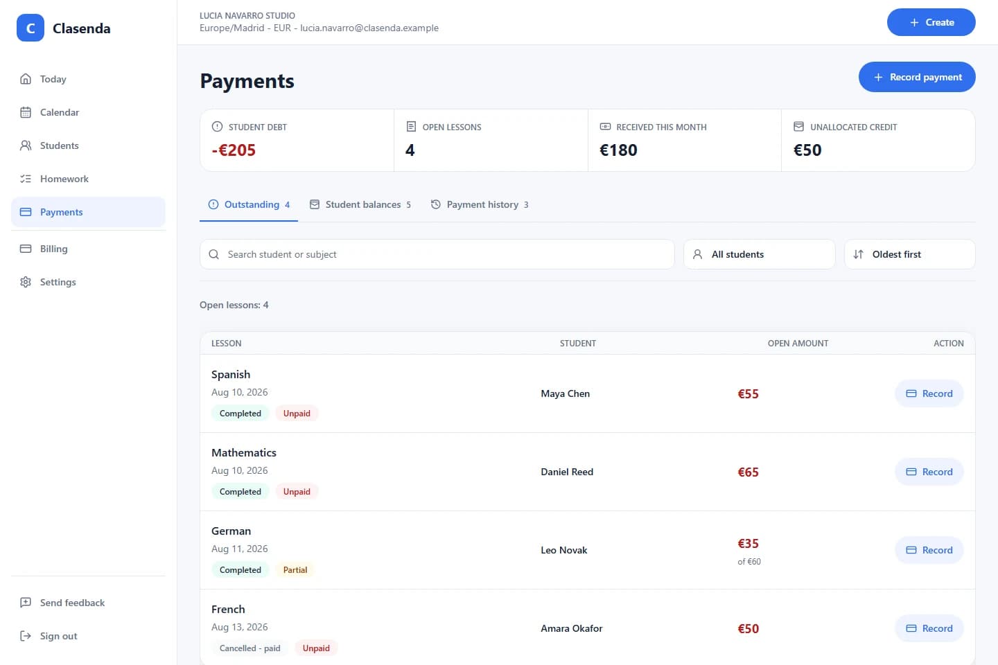 Clasenda Payments workspace showing outstanding lessons, student debt and payment actions